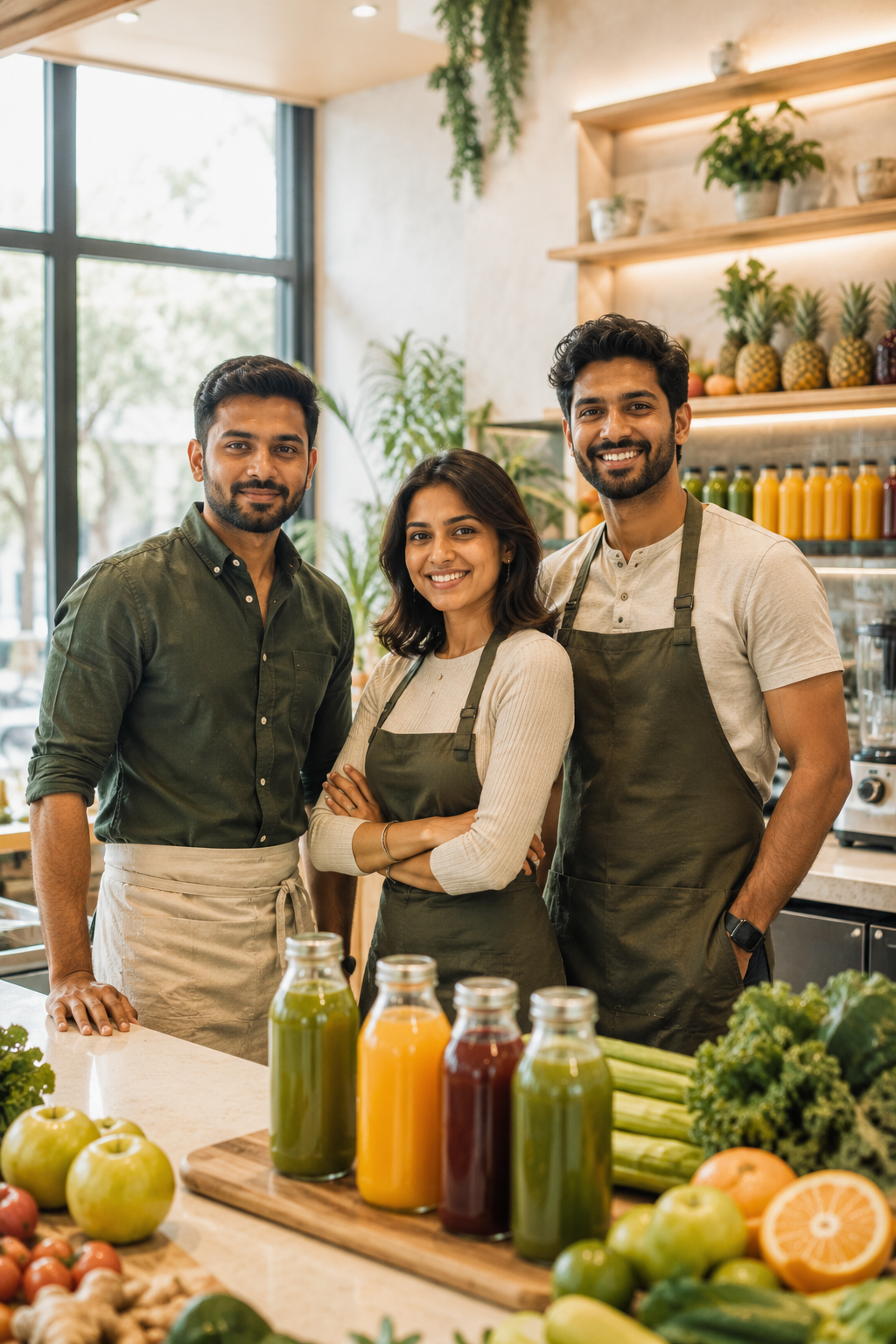 Photo of the three VitaNature founders in the press kitchen.