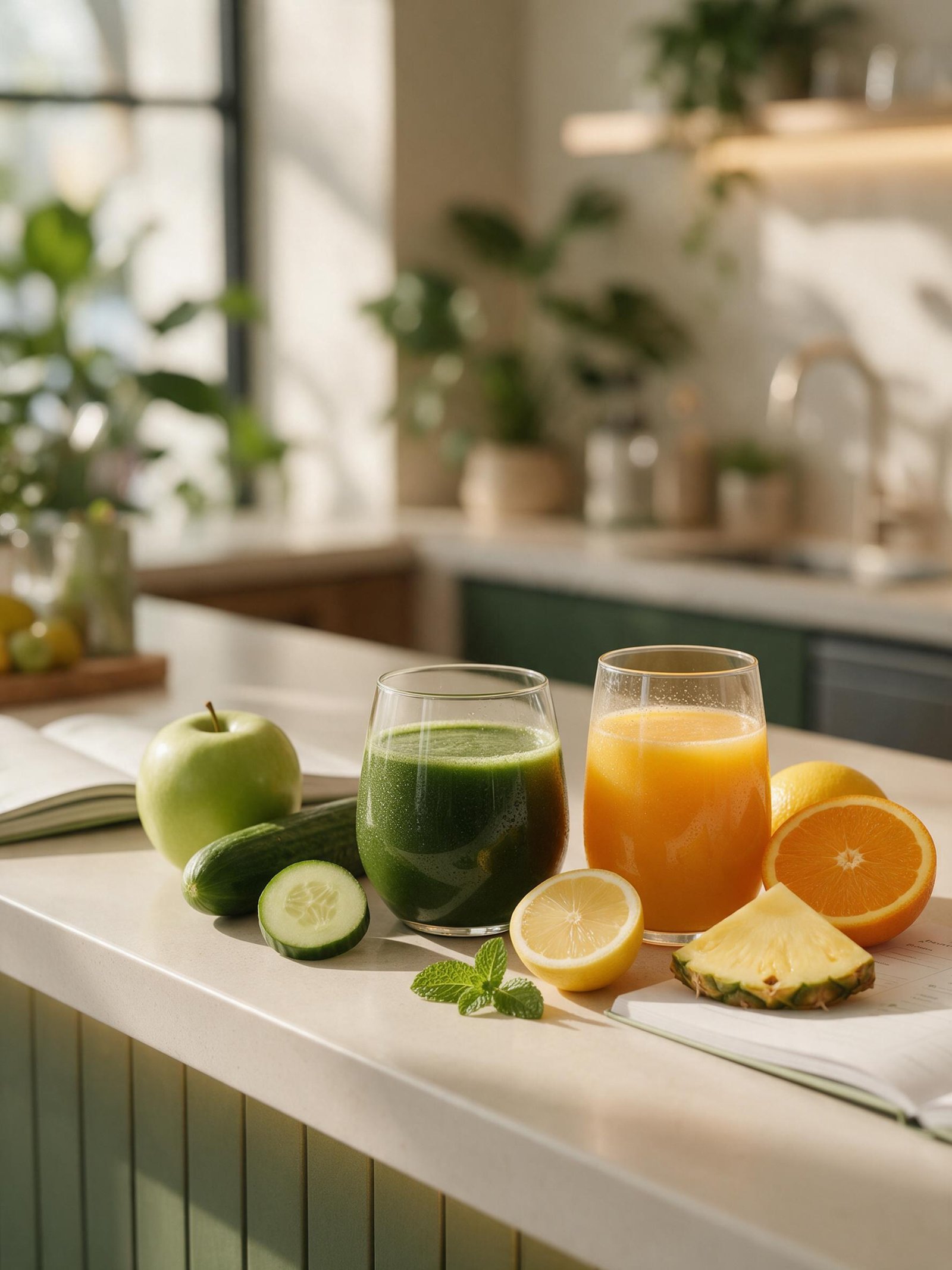 Illustration of a fresh smoothie bowl and juice.