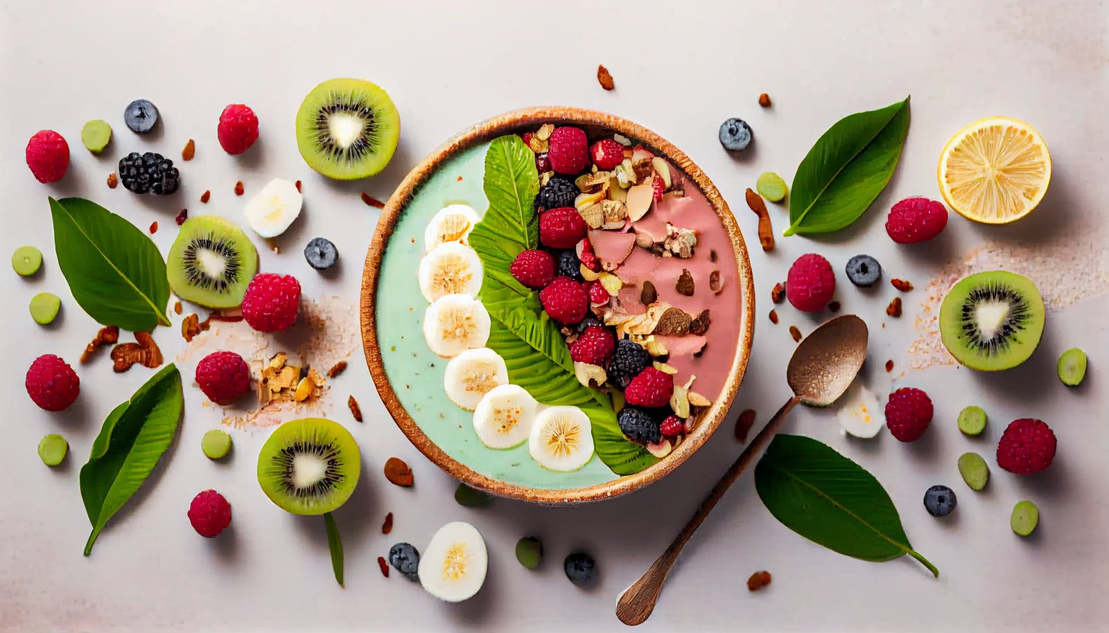 Fresh tropical smoothie bowl with mango, pineapple, passionfruit and coconut.